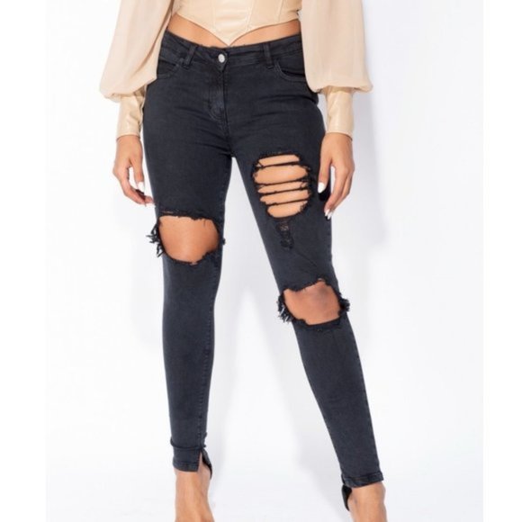 Black Mid Rise Ripped Distressed Skinny Jeans Denim Pants - Picture 7 of 11